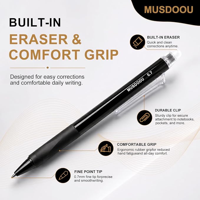 24 Pack Erasable Gel Pens, Black Ink Retractable Erasable Pens 0.7mm, Smooth Writing Gel Ink Pens with Eraser, Mistake-Free Writing Pens for Office, School, Notes, Back-to-School Supplies