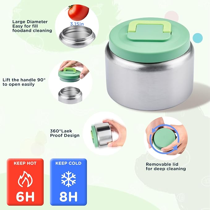 MAISON HUIS Bento Box for Kids with 8oz Soup Thermo, Insulated Lunch Bag & 17oz Water Bottle, 2-Compartment Bento Box with Built-In Ice Pack, Leak-Proof & BPA-Free (Green)