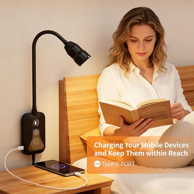 LED Wall Mounted Reading Light with Wave Sensor/Touch Switch, 5 Color & 5 Level Dimmable Touch Book Light for Reading with USB C Charging Port, Eye-Care Bedside Reading Lamp for Bed,Heaboard (Black)