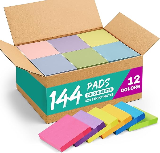 Sticky Notes, 144 Pads, 3x3 Inches Self-Stick Note Pads, Perfect for Office, Study, and Daily Life Organization - Bright