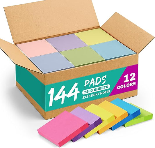Sticky Notes, 144 Pads, 3x3 Inches Self-Stick Note Pads, Perfect for Office, Study, and Daily Life Organization - Bright