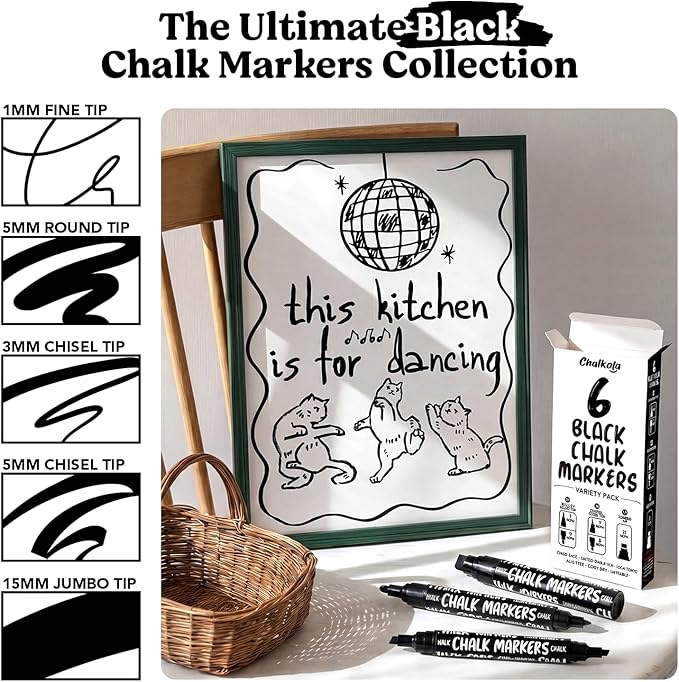 Chalkola 6 Black Chalk Markers - Dual tip, Fine & Jumbo Tip (1mm, 3mm, 5mm, 15mm) | Erasable Liquid Chalk Pens for Blackboard, Chalkboard Signs, Car Window, Bistro, Glass | Washable Chalkboard Markers