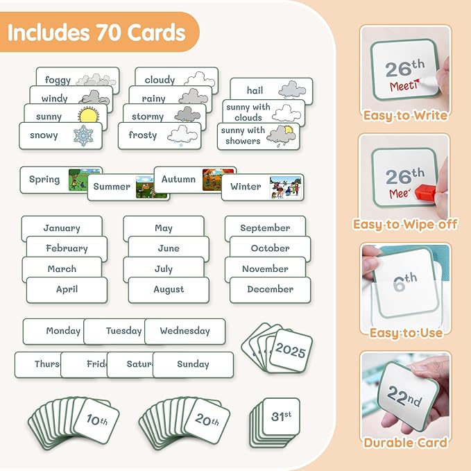 AKAYOK Classroom Calendar Pocket Chart with 70 Cards - Circle Time Calendar 2024-2028 with 2 Storage Pockets, Kids Calendar Perfect for Preschool and Homeschool Learning (Green Leaves)