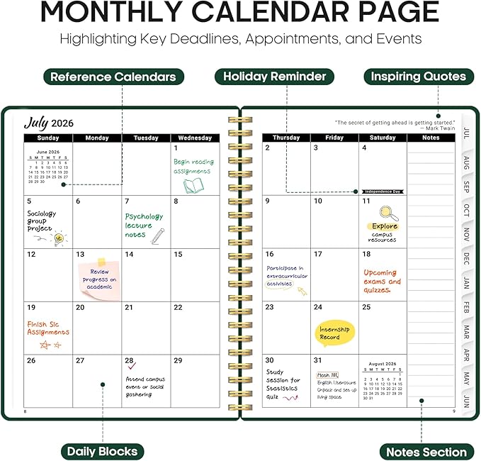 Planner 2026-2027, Weekly and Monthly Academic Year Planner Calendar, July 2026 - June 2027, Hardcover Large School Planning Agenda With Tabs, Perfect for School & Office Supplies, A4 (8.5" x 11"), Dark Green