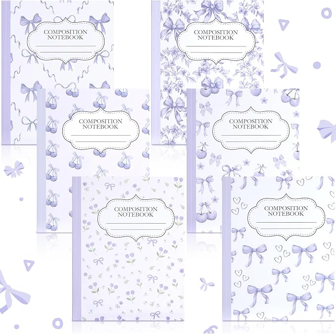 Fullhawl 6 Pack Composition Notebook College Ruled Bulk Purple Cherry Composition Notebook Aesthetic for Back to School 110 Pages 9-3/4 X7-1/2 Cute Lavender Bow Journal for First Day of School