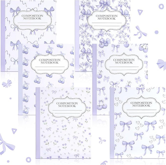 Fullhawl 6 Pack Composition Notebook College Ruled Bulk Purple Cherry Composition Notebook Aesthetic for Back to School 110 Pages 9-3/4 X7-1/2 Cute Lavender Bow Journal for First Day of School
