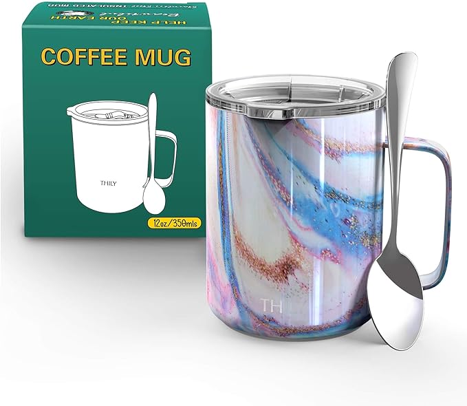 THILY Stainless Steel Insulated Coffee Mug 12 oz Vacuum Insulated Coffee Cup with Handle, Spill-Proof Lid, Keep Coffee Cold, Pink Ripple