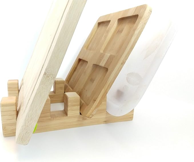 Bamboo Cutting Board Holder, Pot Lid Holder, Cook Book Stand, Tablet Holder for Kitchen, Stylish Low Profile, 10.38" Lx7 Wx2.5 H(26.35cmx17.78cmx6.35cm)