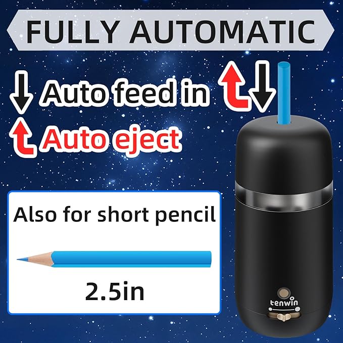 tenwin Fully Automatic Electric Pencil Sharpener for 7-12mm Pencils, Auto in&Eject, 3 Selectable Adjustable Pencil Nibs with Breathing Light (Black)