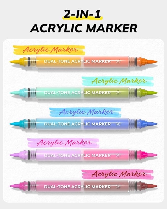 JusArt Acrylic Paint Markers 48 Colors, 24 Dual-Tip Brush Markers, No Bleed