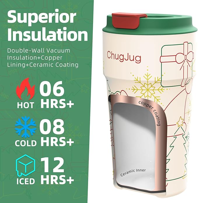 16 oz Christmas Travel Coffee Mug with Ceramic Coating, Leak-Proof Vacuum Insulated Coffee Tumbler with Lid, Double Wall Stainless Steel Travel Cup (Yuletide Magic)