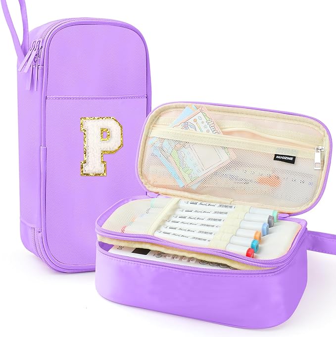 Large Pencil Case,Big Capacity Pencil Pouch,Personalized Initial Pencil Bag with smooth zipper,Multiple Pockets,Cute Aesthetic Stationery Pen Case Bag for Teen Girls College (Purple, P)