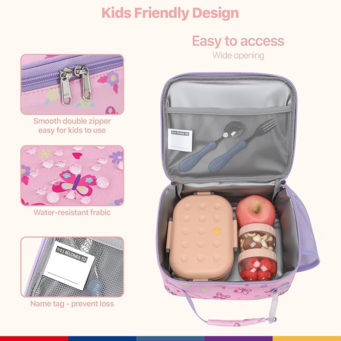 Bagseri Kids Lunch Bag Girls - Thermal Insulated Lunch Box Tote with Water Bottle Holder, Reusable Leak-Proof Kids Lunch Box for Daycare & School, Pink Butterfly (Containers Not Included)