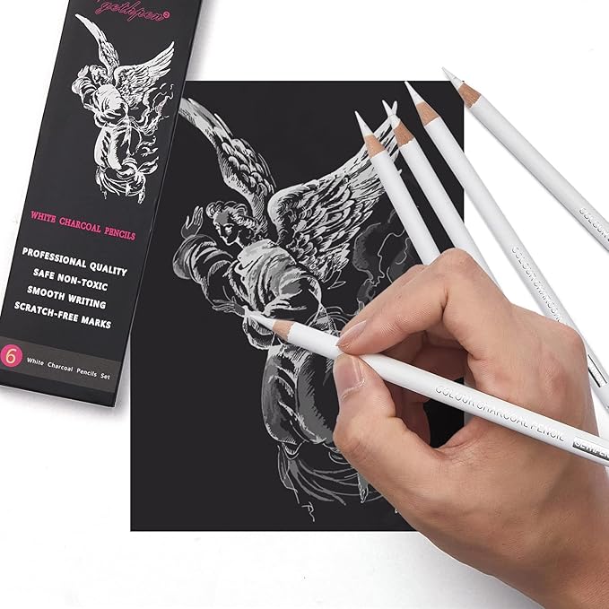 GETHPEN Professional White Charcoal Pencils Set - 6 Pieces Sketch Highlight White Pencils for Drawing, Sketching, Shading, Blending - Beginners & Artists