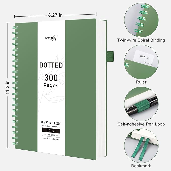 RETTACY Dotted Journal Notebook, 300 Pages, A4 Large Size (8.2'' × 11.2''), 100 GSM Thick Paper, Flexible Plastic Cover, Spiral-bound, for Journaling, Planning, Tracking (Dark Green)