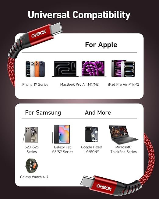 USB C to USB C Cable 60W [2Pack 3FT], USB Type C Fast Charging Cable for Car Durable Braided iPhone USB-C Cable USBC to USBC Cord for iPhone 17/16/15/Pro Max/Plus, Samsung Galaxy S23 and More-Red