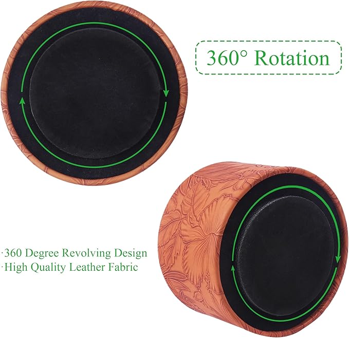 Round Leather Art Supply Organizer,Remote Control Holder,360 Degree Spinning,Multi-Functional Pencil Holder,4 Compartments Desktop Stationary Organizer(1-Carved Brown)
