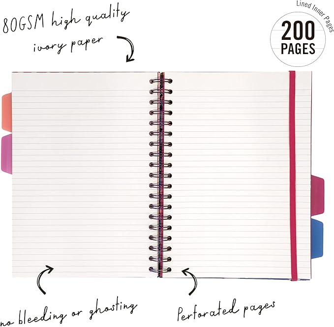 Pukka Pad 5 Subject Spiral Notebook 12-Pack - 200 Pages, 100 Sheets of 80GSM Paper with Repositionable Dividers & Perforated Edges for School & Office Planning & Organization - B5-7 X 10, Bloom