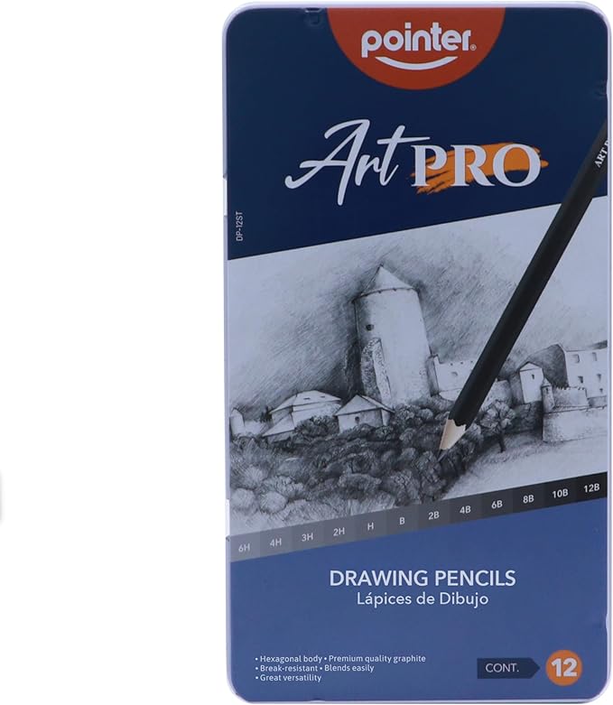 Pointer Art Pro Drawing Pencils Set, 12 Graphite Pencils 6H-12B, Professional Artist Sketching Kit