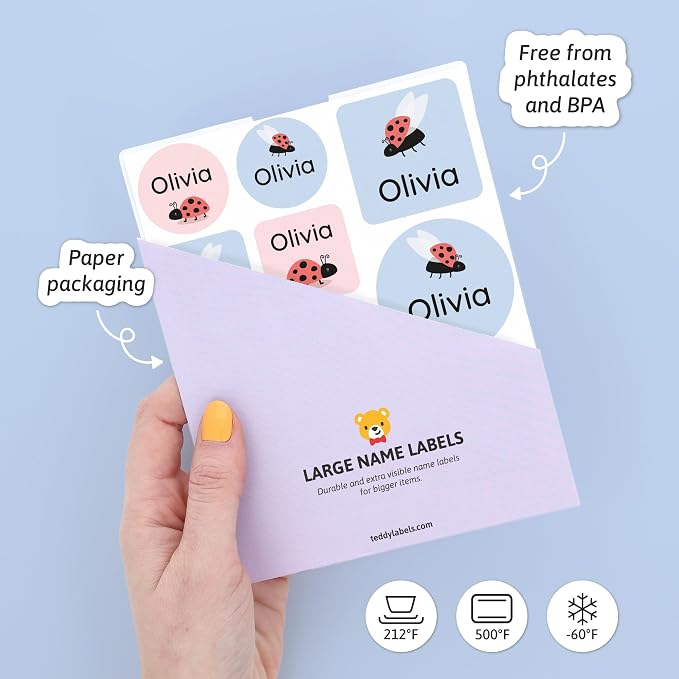 Camp Name Labels for Kids (33) – Custom Waterproof Stickers for Water Bottles, Lunch Boxes, Daycare & School with Unique Designs - Ladybug