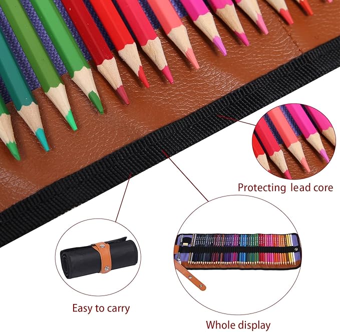 50 Colored Pencils Set with Roll Up Canvas Case for Adult Coloring Books, Drawing, Sketching, Pretty Gift
