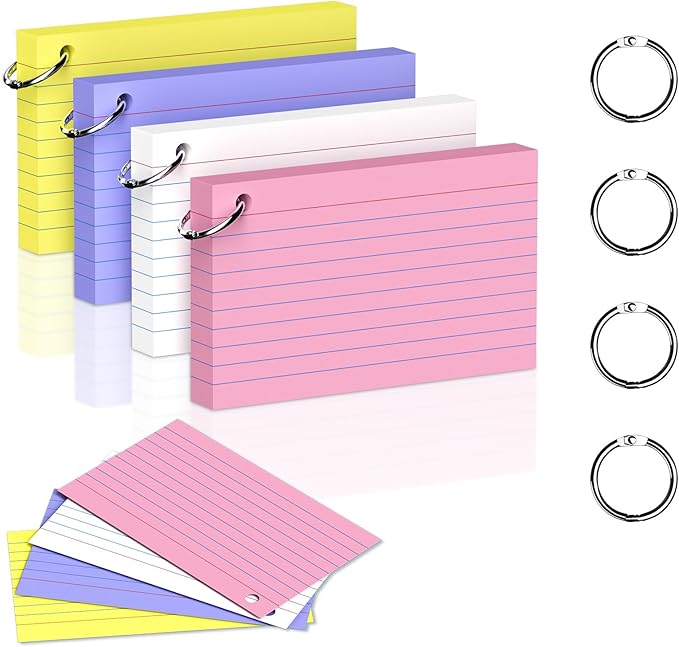 200 Count 3 x 5 Inch Colored Index Cards with Binder Rings, Lined & Blank Study Cards, Thick Cardstock Flash Cards for Students & Teachers, Color-Coded Notecards for School, Home, Work