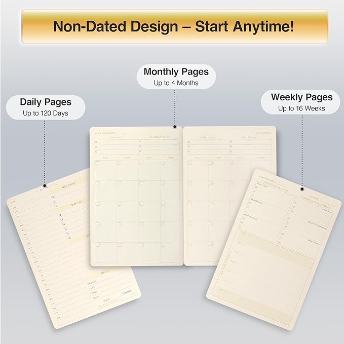 AuroPlanner Bamboo Cover Undated Portable Planner Notebook – Daily, Weekly & Monthly Organizer, Lay-Flat A5 (5.7” × 8.3”), 100 GSM Paper, 160 Pages, 4-Month Layout (Green)