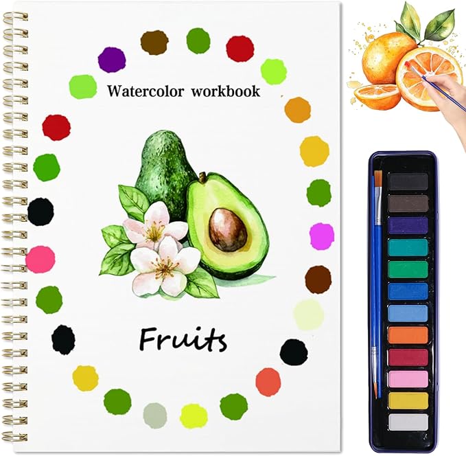 Watercolor Workbook for Adults - 12 Different Patterns of Original DIY Designs, olors Watercolor Paint Set with Palette and Brush, Beginner-Friendly Watercolor Workbooks (Fruit)