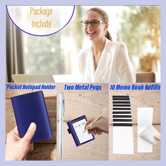 13 Pieces Mini Pocket Notepad Set,Included Leather Pocket Note pad Holder,10 Pack 3×5 Inch Small Notebook Refills,Writing Pads with 30 Lined Paper Per,2 Metal Ballpoint pens,Pocket Notebook(Navy Blue)