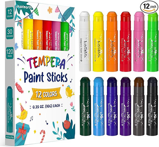 JUPITEARTH Paint Sticks for Kids 12 Colors, Quick Drying, Smooth, Non-Toxic and Washable Solid Tempera Paint Sticks with 120 PDF Coloring Pages and 30 Stickers, Toddler Art Supplies for Drawing