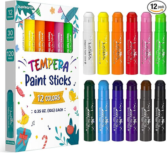 JUPITEARTH Paint Sticks for Kids 12 Colors, Quick Drying, Smooth, Non-Toxic and Washable Solid Tempera Paint Sticks with 120 PDF Coloring Pages and 30 Stickers, Toddler Art Supplies for Drawing