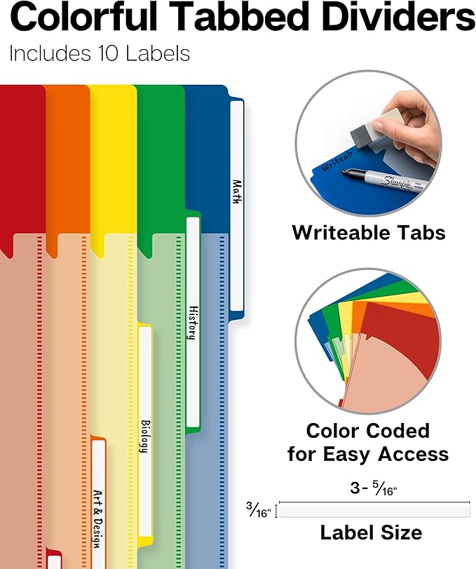 Dunwell 5-Subject Spiral Notebook, College Ruled (Blue), Colorful Movable Pocket Dividers with Tabs, Front/Back Plastic Covers, 200 Sheets (400 Pages) of 3-Hole Punch Perforated 8.5x11 Paper