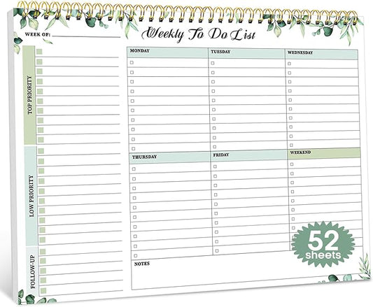 Taja Weekly To Do List Notepad with 52 Undated Sheets（8.5"×11"）- Weekly Desk Planner for Women & Man, Work and Home - 1 Pack Serene Green