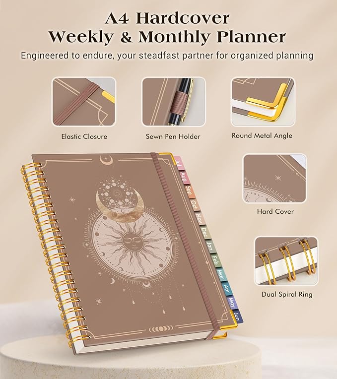 Academic Planner 2026-2027, Hardcover Weekly and Monthly Calendar Planner from July 2026 - June 2027, 8.5" x 11" A4 Large Daily Agenda with Tabs, College School Organizer for Student Teacher, Boho Sun & Moon