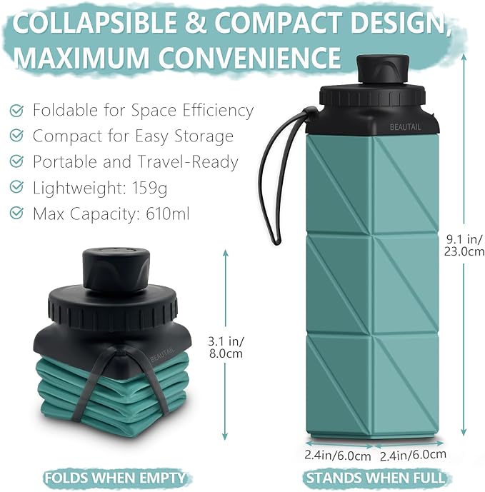 BEAUTAIL Collapsible Water Bottles 21 oz, Silicone Portable Water Bottle | BPA Free, Leakproof & Reusable, Foldable Water Bottle for Travel, Hiking, Camping, Cycling, School, 2-Pack, Blue+DarkBlue