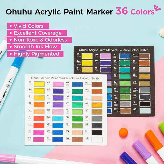 Ohuhu Acrylic Paint Markers Dual Tips: 36 Colors Fine & Dot Paint Pens High Opacity Acrylic Markers Water-Resistant Lightfast for Rock Painting 3D Prints Egg Wood Glass Ceramic DIY Crafts - Akaka