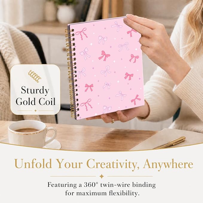 ATJFKIXL Cute Spiral Journal Notebook, A5 120 Page College Ruled Wirebound Notebook, Soft Cover for Students Office Notes and Planning - Pink Bow Sparkle