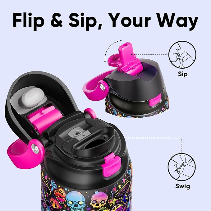 Encool SwiftSip Insulated Stainless Steel Water Bottle with Straw - Leak Proof Sports Water Bottle for School, Travel, Keeps Cold All Day, One-Touch Flip Lid, BPA-Free, 32 oz, Trippy Skulls