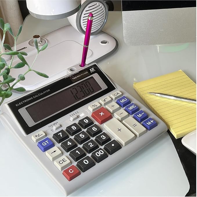 Lily's Home 12-Digit Large Desktop Calculator with Pen Holder, Dual Power (Solar & Battery) - Big Button 5 Inch LCD Display for Office, School, Home, Accounting, Taxes, and Back to School Supplies
