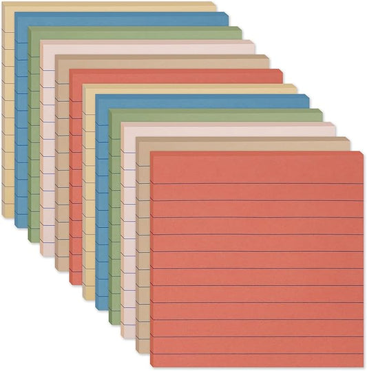 (12 Pack) Lined Sticky Notes 4x4 in, 6 Vintage Colors Self-Stick Note Pads