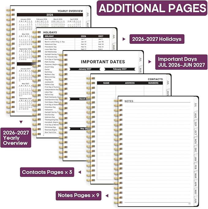 Academic Planner 2026-2027, Weekly and Monthly Calendar Book, July 2026 – June 2027, Hardcover Planner with Tabs, Perfect for Teachers, Students, Women & Men, A5 (6.4" x 8.5") - Midnight Bloom