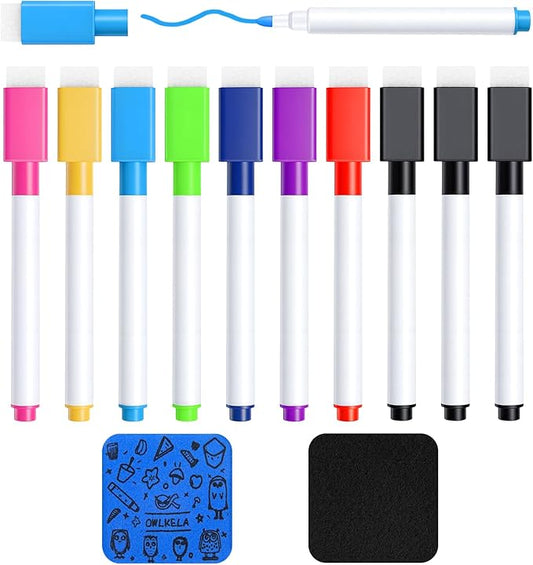 OWLKELA 10 Pcs Magnetic Dry Erase Markers with Eraser, Fine Tip Whiteboard Markers, Low Odor Dry Erase Set, 8 Color White Board Markers for Office, Home, Classroom