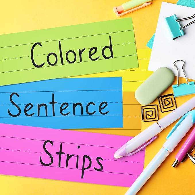 Chell Colored Sentence Strips Cardstock, Pack of 100, 3” x 24” Rainbow Color Word Learning Strips Handwriting Practice Tools for Teachers, Classroom and Office, 5 Colors