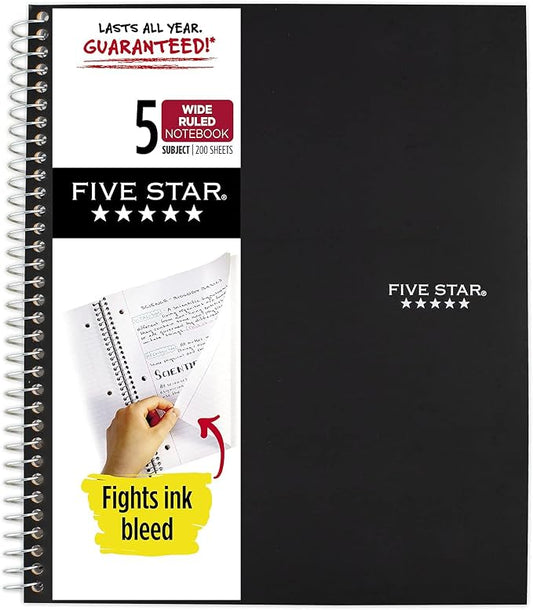 Five Star Spiral Notebook, 5 Subject, Wide Ruled Paper, Fights Ink Bleed, Water Resistant Cover, 8" x 10-1/2", 200 Sheets, Color Will Vary (05206)