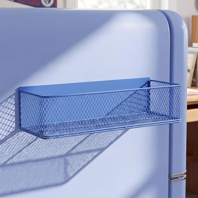 FoldTier 1 Pack Blue Magnetic Basket Fridge Organizer, Magnetic Shelf Containers Storage Bin Holder for Kitchen Dorm Locker Refrigerator Classroom Whiteboard Office Table (13.8 x 3.1 x 4.9 Inch)