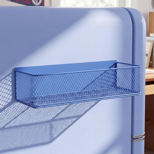 FoldTier 1 Pack Blue Magnetic Basket Fridge Organizer, Magnetic Shelf Containers Storage Bin Holder for Kitchen Dorm Locker Refrigerator Classroom Whiteboard Office Table (13.8 x 3.1 x 4.9 Inch)