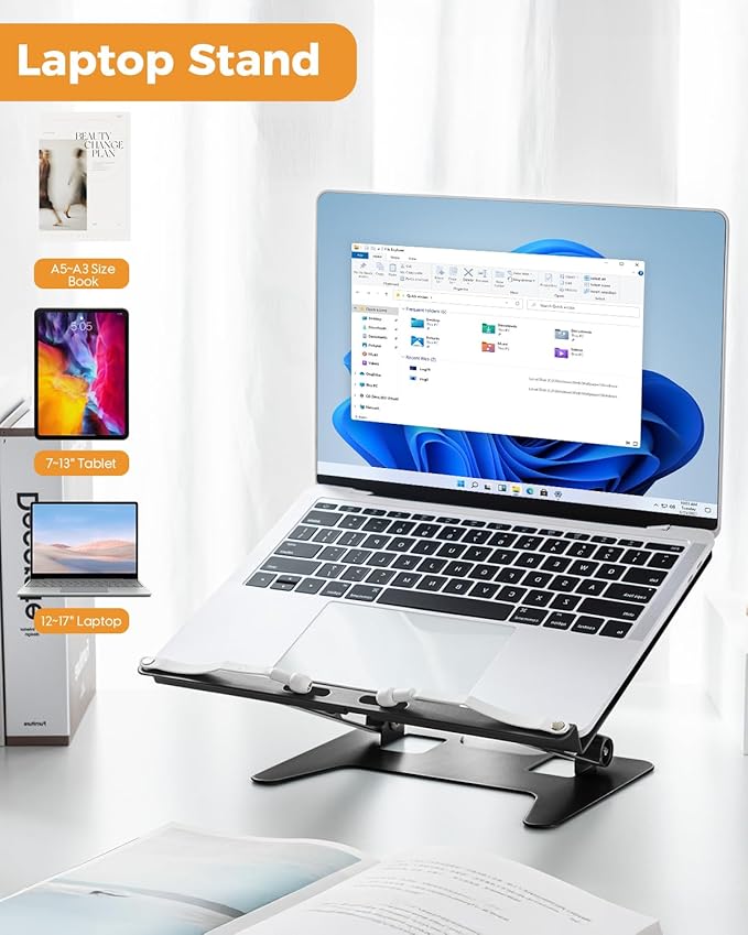 Honagu Adjustable Laptop Stand for Desk, Metal Foldable Laptop Riser, Portable Desktop Book Stand Holder, Ergonominc Computer Notebook Stand Compatible with 10-15.6” Laptops (Black)