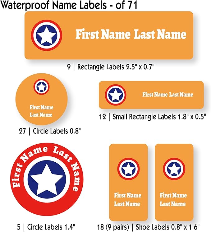 Personalized Kids Name Labels – Waterproof Custom Stickers for Daycare & School, Dishwasher & Laundry Safe (Captain - Orange)