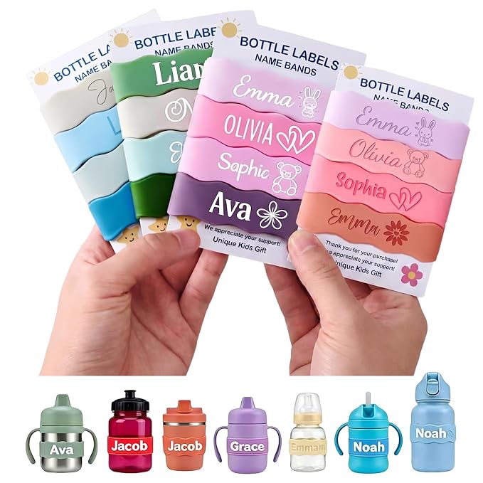 4 Piece Personalized Water Bottle Labels Custom Name Labels for Daycare, Reusable Water Bottle Bands for Kids, Baby Bottles & Tumblers