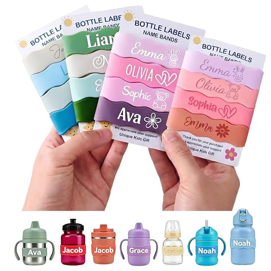 4 Piece Personalized Water Bottle Labels Custom Name Labels for Daycare, Reusable Water Bottle Bands for Kids, Baby Bottles & Tumblers